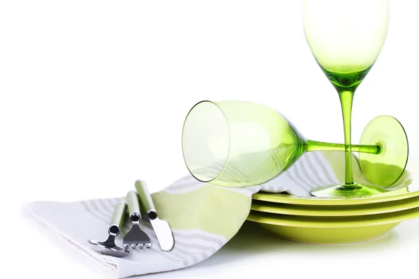 Impostazioni tavolo verde, bianco isolato — Foto Stock