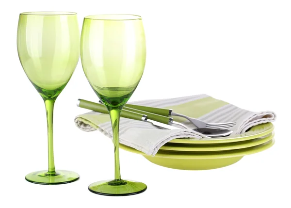 Green table settings, isolated white — Stock Photo, Image