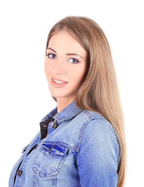 güzel genç kız üzerinde beyaz izole ceketli