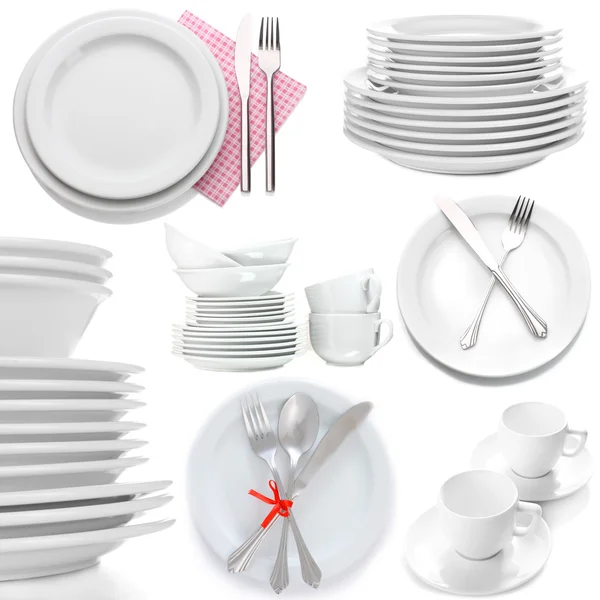 孤立的白色衬底上的白色餐具的拼贴画 — 图库照片