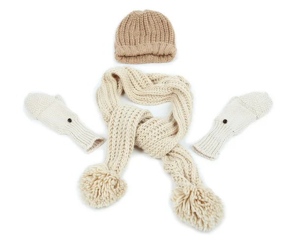 Winter cap, scarf and mittens, isolated on white — Stock Photo, Image