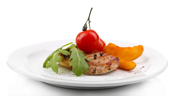 Grilled steak with fried potato pieces and grilled vegetables, isolated on white — Stock Photo, Image