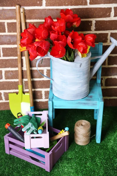 Composition of colorful tulips in watering can and equipment for gardening on bright background — Stock Photo, Image