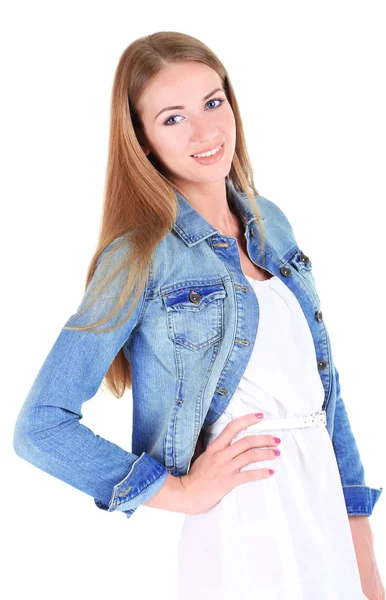 Menina bonita na saia, jaqueta e t-shirt isolada no branco — Fotografia de Stock