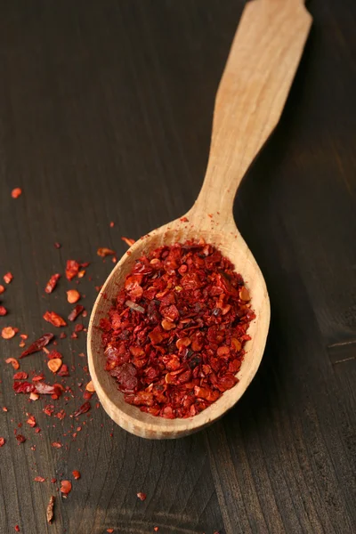 Spice pepper in spoon on wooden background — Stock Photo, Image