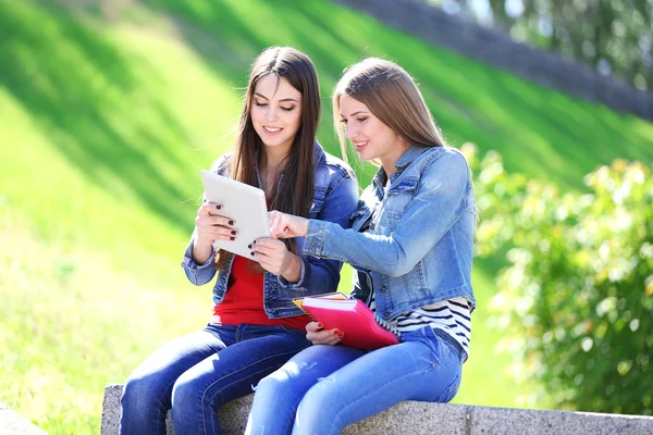 Estudiantes felices sentados en el parque — Foto de Stock