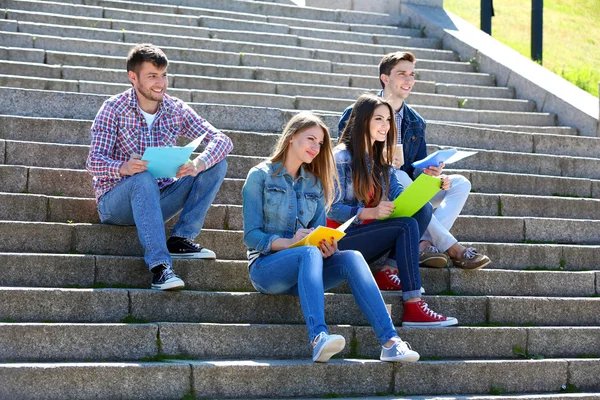 Šťastní studenti sedí na schodech v parku — Stock fotografie