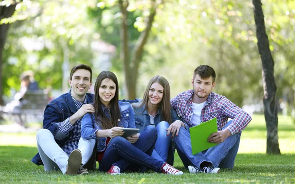 Felices estudiantes sentados en el parque — Stockfoto