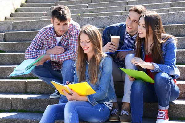 Šťastní studenti sedí na schodech v parku — Stock fotografie