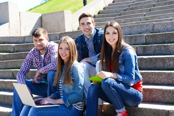 Merdiven parkta oturan mutlu öğrenciler — Stok fotoğraf
