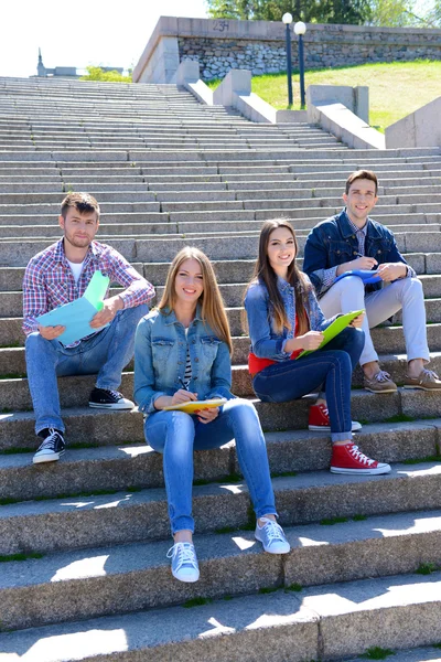 Zadowoleni uczniowie siedzący na schodach w parku — Zdjęcie stockowe