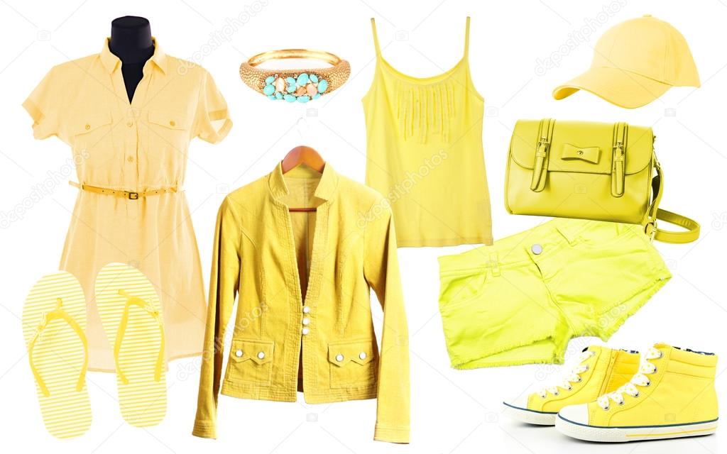 Collage of clothes in yellow colors isolated on white
