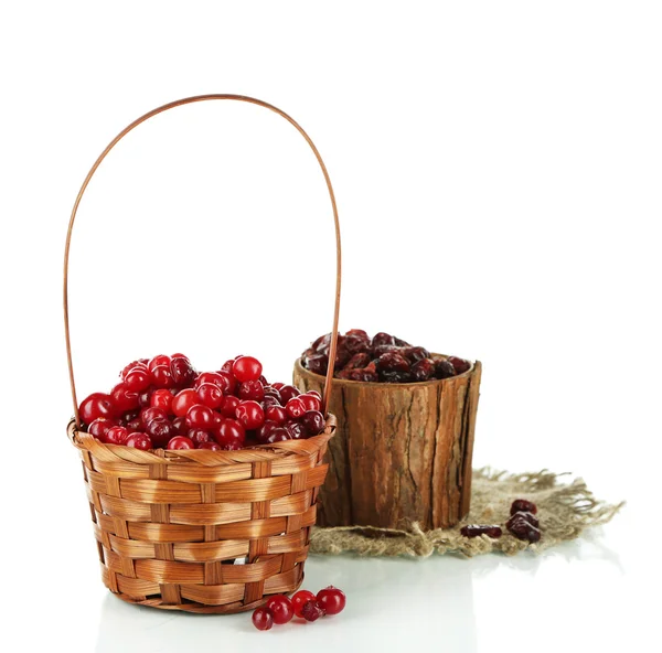 Cranberry fresco e seco em cesta, isolado em branco — Fotografia de Stock