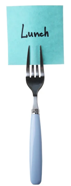 Note paper with message  attached to fork, isolated on white — Stock Photo, Image