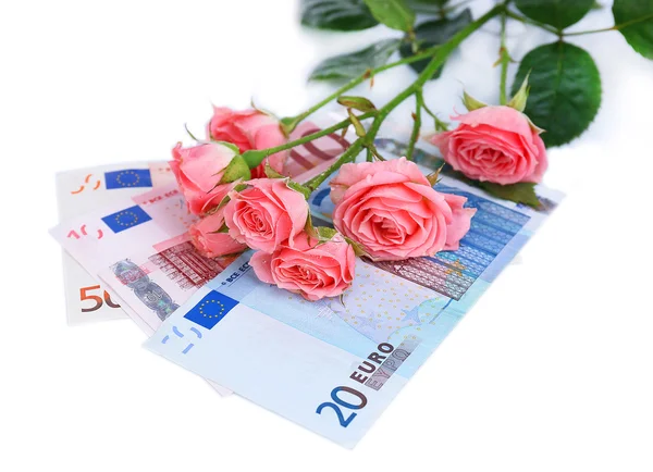 Krásné růže a peníze, izolované na bílém — Stock fotografie