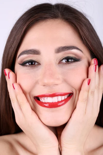 Smiling woman with red lips close-up — Stock Photo, Image