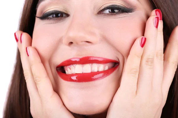 Mujer sonriente con labios rojos de cerca — Foto de Stock
