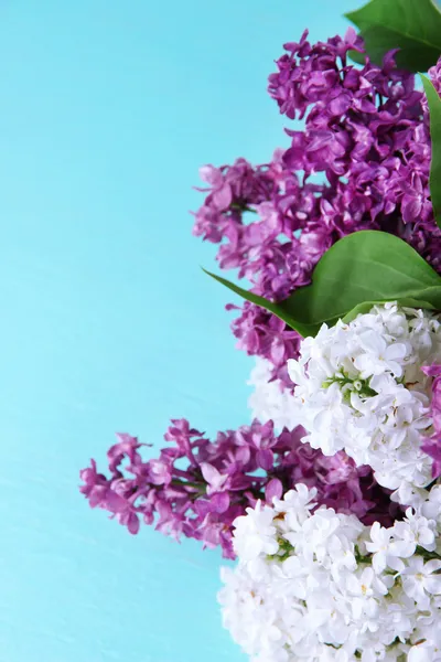 Beautiful bouquet of lilac flowers on color wooden background — Stock Photo, Image