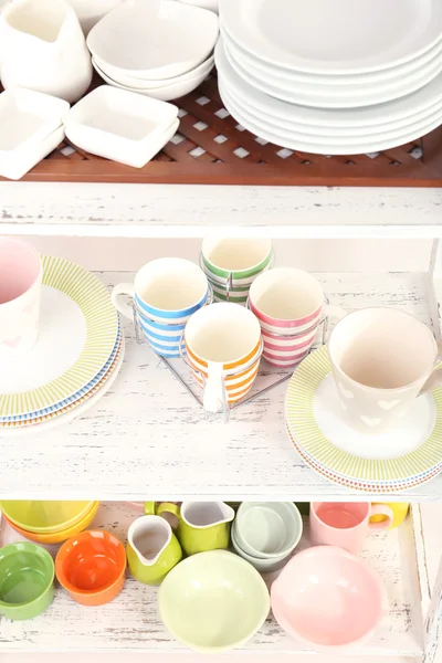 Different tableware on shelf, close up — Stock Photo, Image