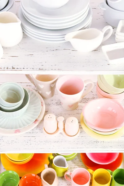 Different tableware on shelf, close up — Stock Photo, Image