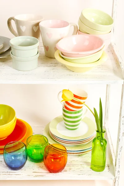 Different tableware on shelf, close up — Stock Photo, Image