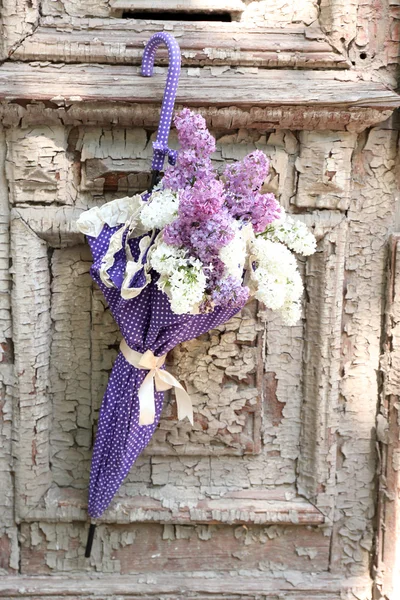 Piękne kwiaty bzu w parasol na stare drewniane drzwi — Zdjęcie stockowe