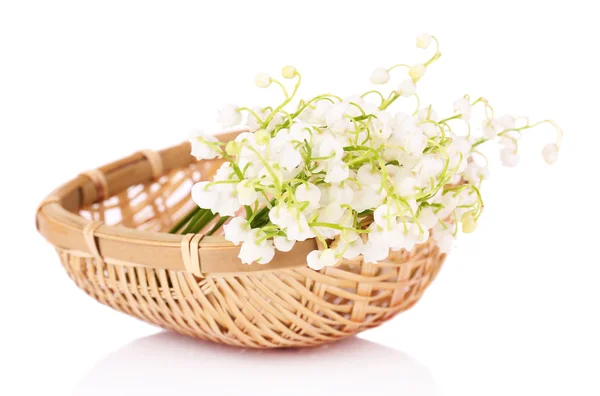 Beautiful lilies of the valley in wicker basket, isolated on white — Stock Photo, Image