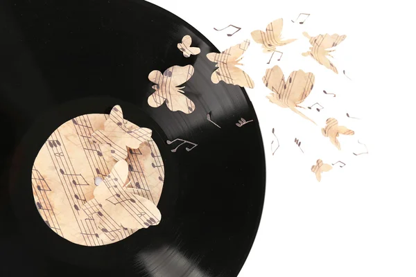 Ancien disque vinyle avec papillons en papier, isolé sur blanc — Photo