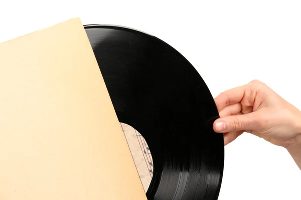 Hand opening old vinyl record, isolated on white — Stock Photo, Image