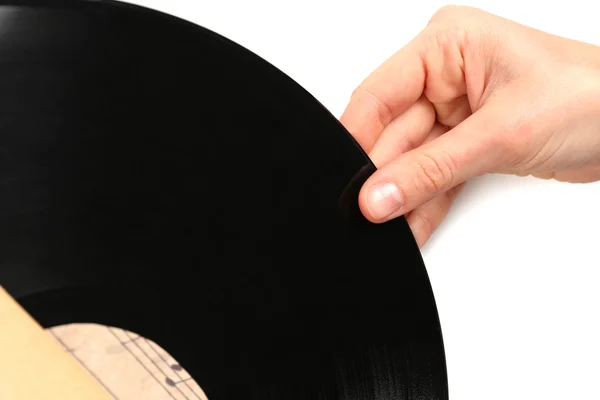 오래 된 비닐 레코드를 열 손 흰색 절연 — 스톡 사진