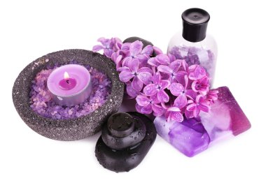 spa taşlar ve eflatun çiçekler, üzerinde beyaz izole kompozisyonu