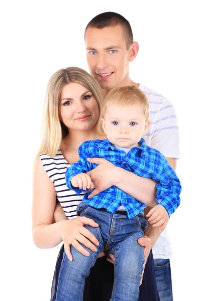 Gelukkige jonge paar met kleine baby geïsoleerd op wit — Stockfoto