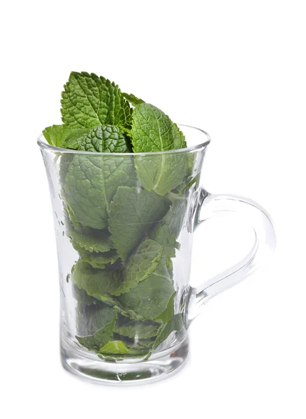 Mint leaves in glass cup isolated on white — Stock Photo, Image