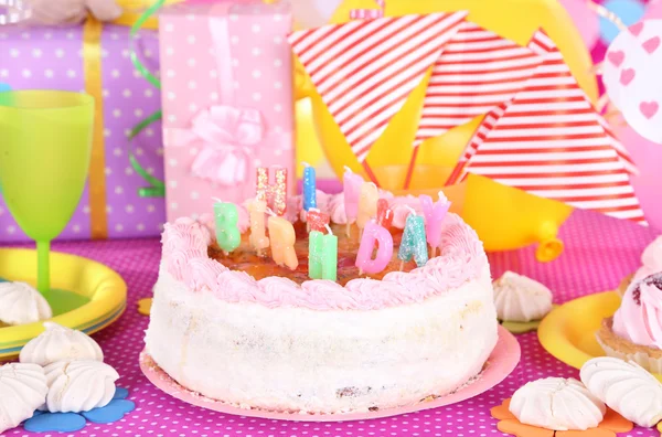 Festive table setting for birthday on celebratory decorations — Stock Photo, Image