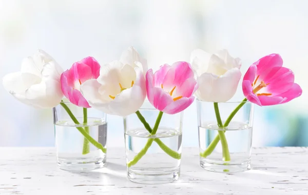 Mooie tulpen in emmer in vaas op tafel op lichte achtergrond — Stockfoto