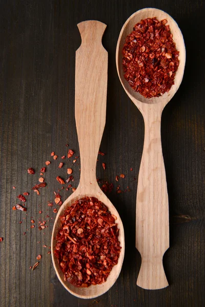 Spice pepper in spoons on wooden background — Stock Photo, Image