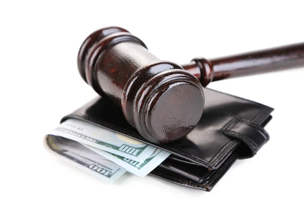 Gavel and money in wallet isolated on white — Stock Photo, Image