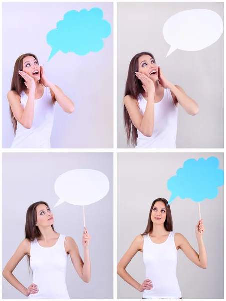 Collage of young pretty woman with empty think bubble — Stock Photo, Image