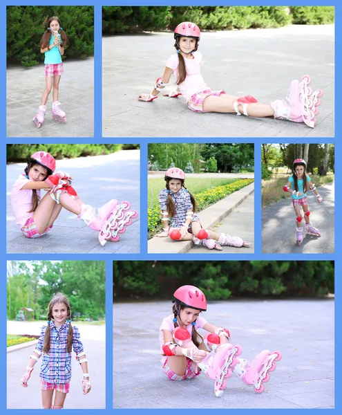 Collage von Fotos mit Mädchen auf Rollschuhen — Stockfoto