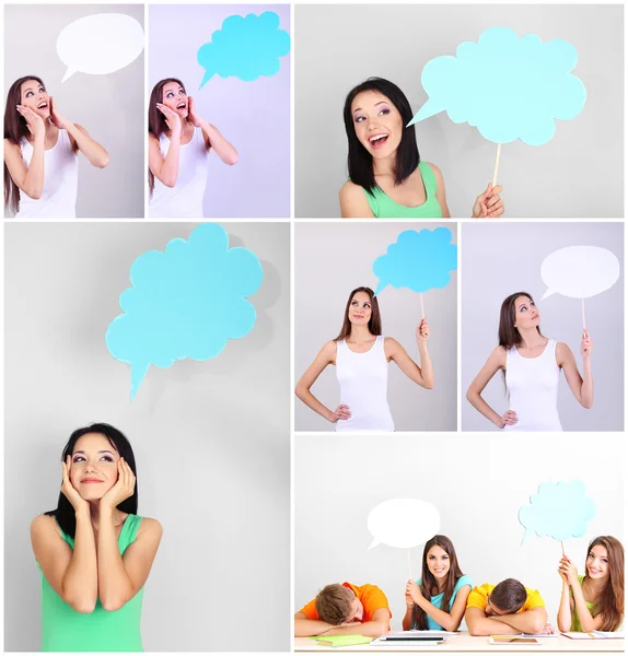 Collage of group young people with empty think bubbles — Stock Photo, Image