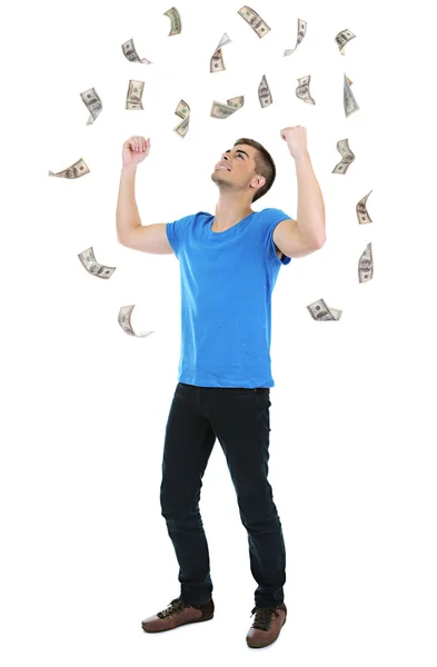 Felice uomo godendo pioggia di soldi, isolato su bianco — Foto Stock