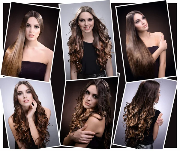 Modefrisuren-Collage. schönes Mädchen mit natürlichen langen Haaren — Stockfoto