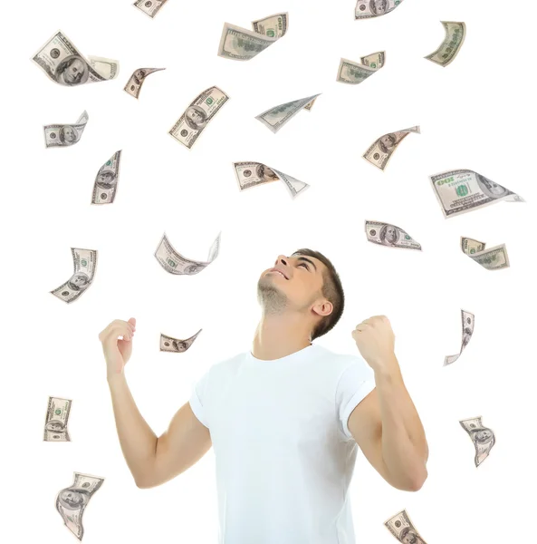 Homem feliz desfrutando de chuva de dinheiro, isolado em branco — Fotografia de Stock