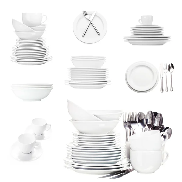 白で隔離される白い食器のコラージュ — ストック写真