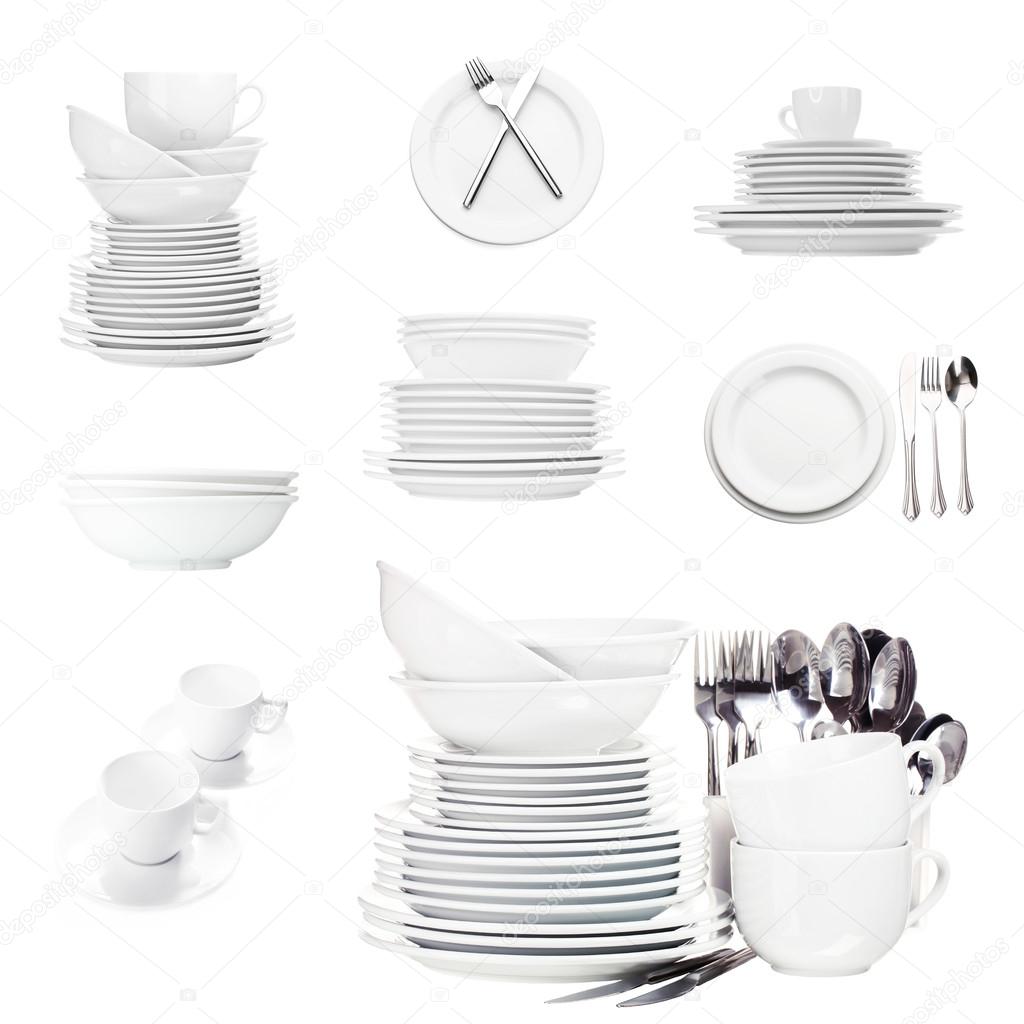 Collage of white tableware isolated on white
