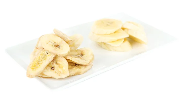 Fresh and dried banana slices, isolated on white — Stock Photo, Image