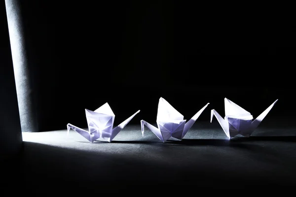 Origami cranes on dark background with light — Stock Photo, Image