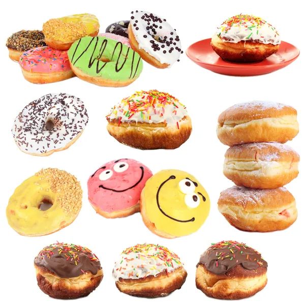 Collage aus leckeren Donuts isoliert auf weiß — Stockfoto