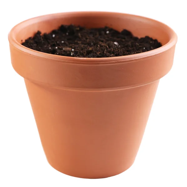 Clay flower pot with soil, isolated on white — Stock Photo, Image