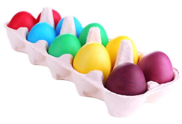 Coloridos huevos de Pascua en bandeja aislada en blanco —  Fotos de Stock